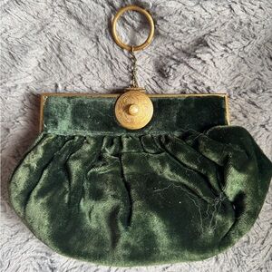 Vintage Green Velvet Clutch with Pearl and Gold Clasp